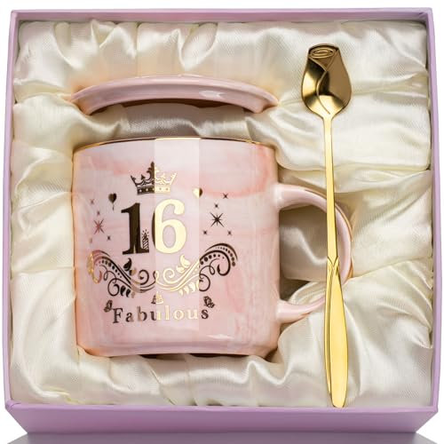 16 Geburtstag Mädchen, Sweet 16 Tasse Geschenke für 16 Jährige Mädchen, Marmor Keramik Tasse Geschenke für 16. Geburtstag Mädchen, Deko 16 Geburtsta-g Mädche-n Becher mit Deckel, Löffel, 14oz