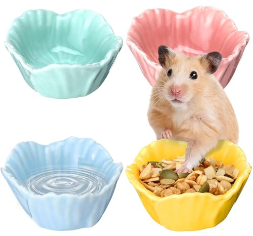 4 Pack Small Ceramic Pet Hamster Bowl, 2.68 x 2.68 x 1.38 Inch Flower Shaped Small Water and Food Bowl Feeder Dish for Guinea Pig Parrots Gerbil Rat Mice Rabbit Chinchilla, Easy to Clean Anti Flipping
