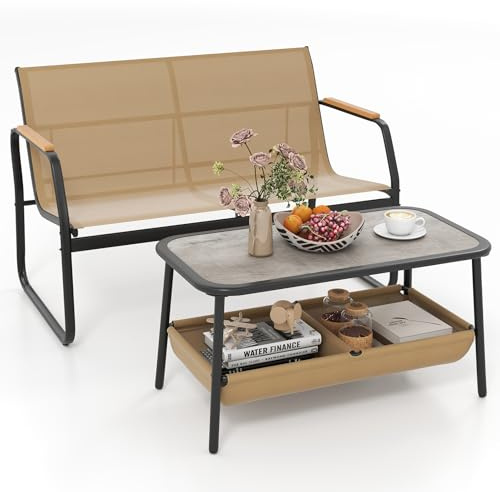 COSTWAY Set Tavolo e Panca da Giardino, Tavolino da Caffè con 2 Scomparti di Stoccaggio, Set Bistro da Esterno in Metallo, per Balcone Veranda, Pancha Portata 300 kg, Tavolo Portata 80 kg