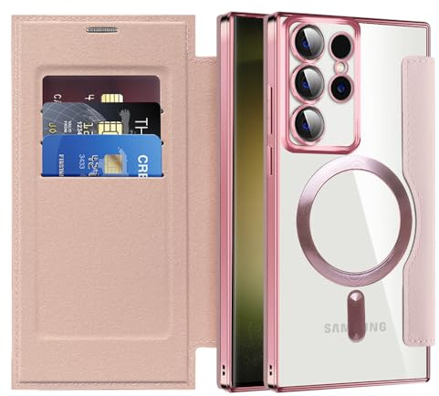 QIWEIQING Magnetiskt fodral till Samsung S22 Ultra kompatibelt med Mag-Safe, PU-läder flip plånboksfodral med RFID-blockerande kreditkortshållare, transparent fodral för Galaxy S22 Ultra. Roséguld JDC