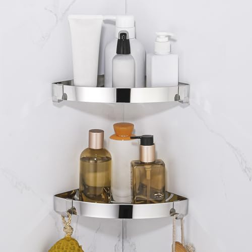 DUFU Estanteria Ducha Sin Taladros, Estantería de Esquina para Baño Ducha Pared Acero Inoxidable Estante Baño Adhesivo con 4 Ganchos, Estanteria Rinconera Ducha, 2 Piezas Negro (Plata Espejo)