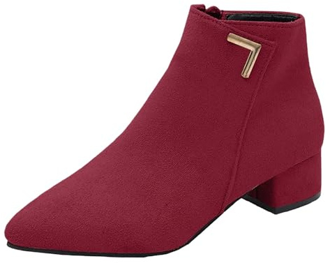 Botines de mujer de tacón bajo grueso punta puntiaguda botines cortos de ante cuero sintético botas cortas de otoño invierno estilo británico retro botas elegantes zapatos, rojo, 38 EU