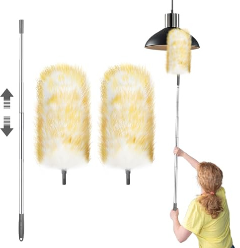 Feather Duster Extendable, Lambswool Duster for Cleaning with Extension Pole Up to 130cm Reusable for High Ceilings Lights Home, Office, Car Cleaning