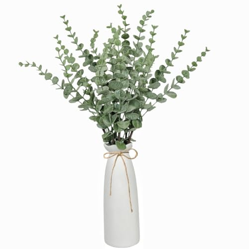 YELIKIT Plantas artificiales de ramas de eucalipto en jarrón de cerámica, 45 cm, tallos de hojas y ramas de eucalipto sintético para decoración del hogar, oficina, granja, boda, centro de mesa