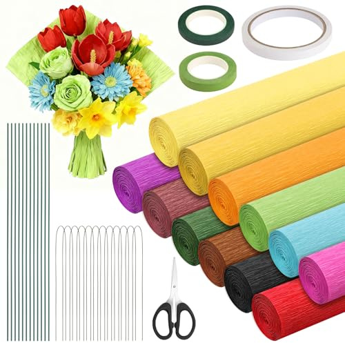12 färger kräppapper färgglada, 25 x 250 cm färgglada band crêpepapper, blomkräppapper med blomband och blomtråd, kräpppapper pastell för tillverkning av alla hjärtans dag blommor gör-det-själv