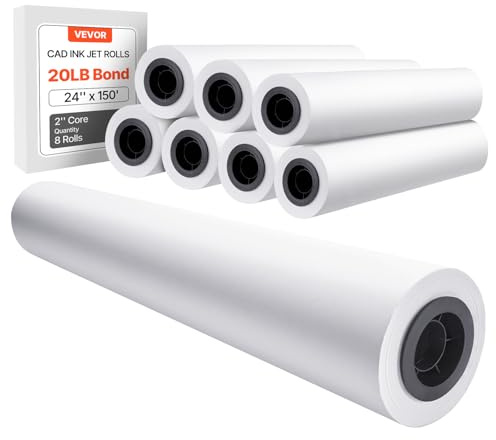 VEVOR Vit ritpapper rulle 609,6 mm x 45,7 m, 8 rullar CAD-plotterpapper, 50,8 mm kärna, för ingenjörsplaner, GIS-kort, arkitektonisk design
