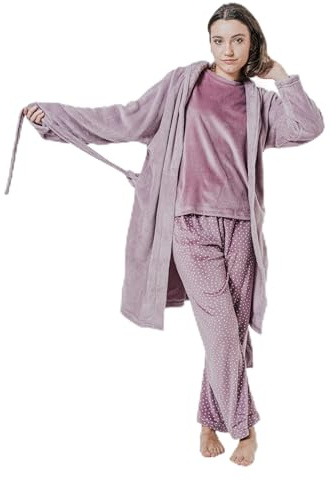 TRAMAS+ Bata para Mujer de Invierno, de Coralina, con Cinturón Ajustable, Ropa cómoda para estar en Casa – L, Berenjena Seco