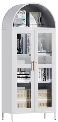 LOCENHU 185 cm Metallschaukasten, Vitrinen-Schrank mit Gewölbtem Oberteil, mit 2 Glastüren und 2 Regalen, Küchenschrank, Glasvitrine für Wohnzimmer und Schlafzimmer, Weiß