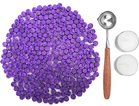KEAL'S Kit de 230 Perlas de Cera de Sellado Octagonales | Con Cuchara y 2 Velas de Té | Para sellar Invitaciones, Cartas, Sobres, Regalos y Paquetes de Vino | Sin Sello | Color Lavanda