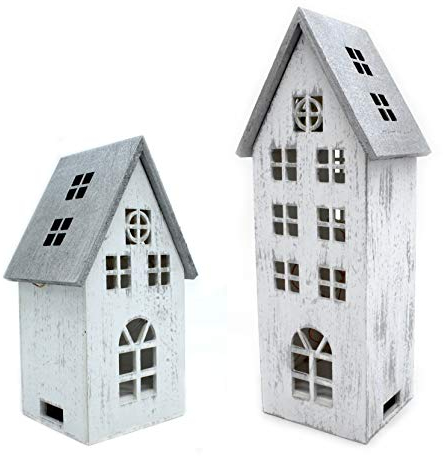 DARO DEKO Holz LED Haus weiß Silber 2er Set - klein und groß