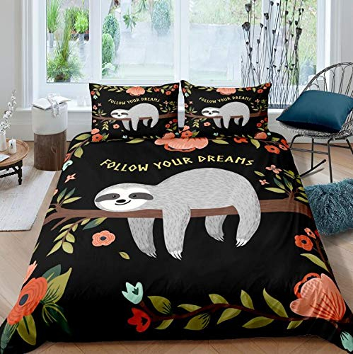 Loussiesd Faultier 135x200 cm Bettwäsche Set Kinder Faultier Tiere Bettbezug Tropische Blumen Blätter Bettwäsche Set Schwarz für Jungen Mädchen Mikrofaser Betten Set Netter Karikatur Faultier