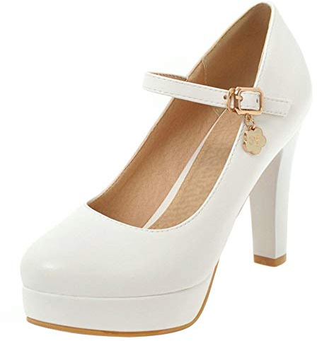 Décolleté Donna, Mary Jane Tacco a Blocco Eleganti Scarpe da Sposa Tacco Alto Punta Rotonda con Plateau Fibbia Bianco Numero 35 EU
