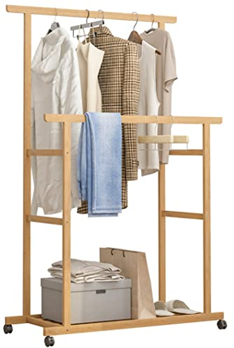 unho Bamboo Clothes Rail Rack: Double Hanging Rails Clothes Rack on Wheels Free Standing Garment Rack with Storage Shelves Coat Rack for Dress Pants Shoes 80x40x160cm