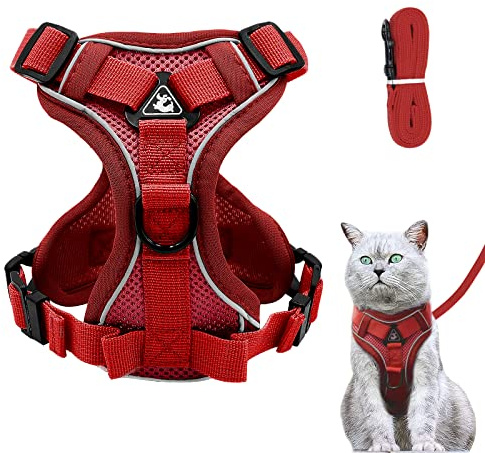 Harnais réglable Anti-éclatement pour Chat avec Laisse - Harnais Souple pour Chat - Harnais de Poitrine pour Chat - Chiot - Rouge - L