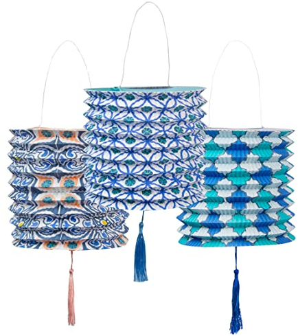 Moroccan Geometric Blue Paper Lanterns Decorations for Birthday Party, Garden, Summer, Baby Shower - Pack of 3, Made by Talking Tables