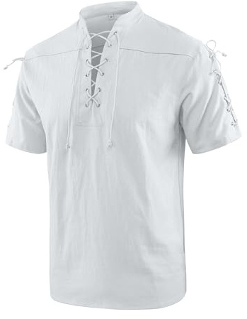 YAOBAOLE Camicia Medievale Uomo in Cotone e Lino con Doppio Laccio e Colletto Coreano Maniche Corte Bianco M