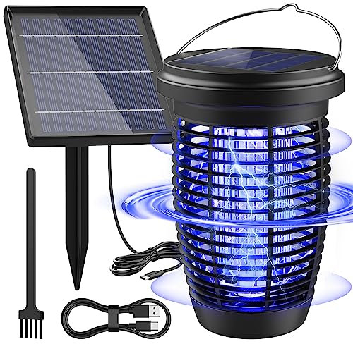 PALONE Insektenvernichter Elektrisch Solar, Wiederaufladbar 4500V USB C Elektrischer Mückenschutz Anti Mücken Lampe mit 4W/5V Solar Stützstangen & 3,5M Kabel und 1M Typ C Ladekabel für Innen Außen
