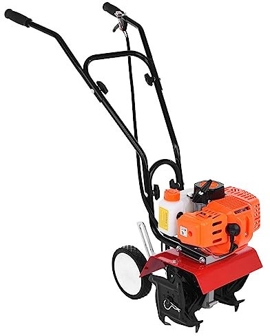 Motobineuse Thermique 2 Temps 52cc, Cultivateur de Jardin Léger avec 4 Lames en Acier, Largeur de Travail 30cm, Profondeur Réglable 3-10cm, Idéal pour Potagers et Pelouses (Orange)