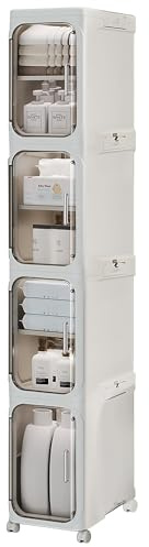 Lacusmall 4 Tier Tall Narrow Storage Cabinet, Slim Bathroom Floor Cabinet with Transparent Doors and Shelves, Foldable Storage Cabinet Unit, Plastic Slim Bathroom Organizer for Small Space, Kitchen