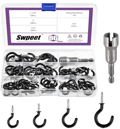Swpeet Set di 86 ganci a vite rivestiti in vinile nero da 3/4 7/8 2,5 cm 1-1/4 e kit assortito di dadi ad aletta, ganci da soffitto, ganci a vite resistenti, gancio per piante da cucina