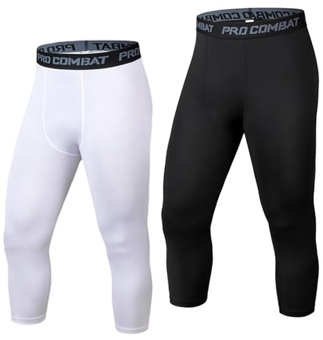HULG Mallas Hombre 3/4 Leggings Pantalones De Compresión para Hombre Pantalones Deportivos De Entrenamiento Secado Rápido Pantalones De Baloncesto Capa Base Mallas Running Gym (Black White,L)
