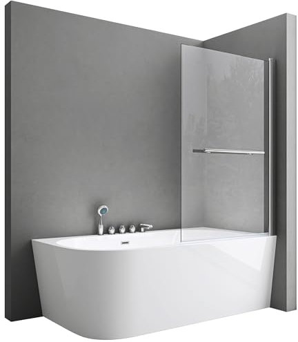 doporro Cortona1121 Badewannenabtrennung für Badewanne, Dusche, 95 x 140 cm, schwenkbar um 180 °, aus gehärtetem Glas, 6 mm, transparent mit Griff, Handtuchhalter, reversible Montage