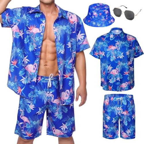 Matreeglam Hawaii, camicia a maniche corte, da uomo, floreale, per il tempo libero, con pantaloni corti, occhiali da sole, camicia hawaiana, elegante da uomo, per estate, vacanze, viaggi, spiaggia