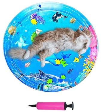 Tapis de jeu d'eau pour chat - Tapis de jeu sensoriel pour chat - Coussin rafraîchissant confortable - Jouet gonflable avec pompe pour temps chaud - Taille moyenne et grande - Chiot