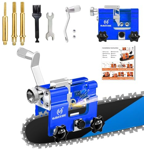 OMCCHK Kettensäge Schärfgerät, Sägekettenschärfgerät Kettenschärfgerät mit 3 Schleifsteinen, Universal Kettenschärfgerät, Tragbare Handkurbel Kettensägenschärfer für 4- 22 Kettensäge