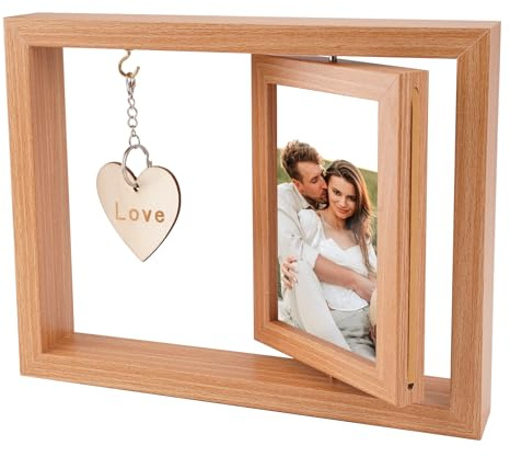 10x15 cm Cadre Photo en Bois Rotatif Double Face, Cadre Photo en Bois avec Pendentif en Forme de Cœur, Cadre de Mariage Rotatif, pour Anniversaires Noël Thanksgiving Saint-Valentin (Couleur Bois)