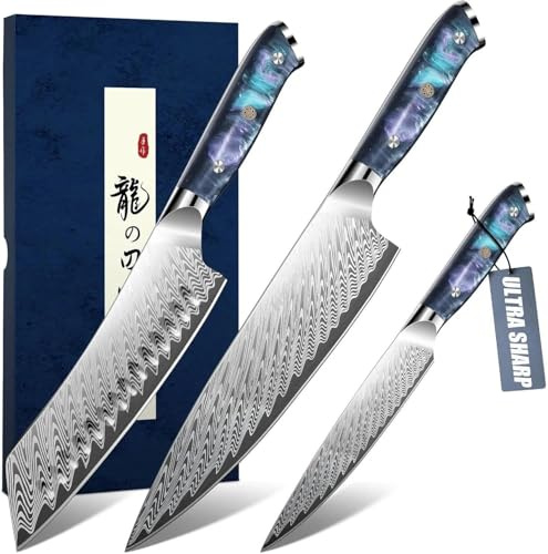 DRAGON RIOT Messerset 3-teilig, Ultra Scharfes Küchenmesser Set mit Ergonomischem Griff, Japanisches Küchenmessersets Inklusive Kochmesser, Santoku-Messer, Allzweckmesser