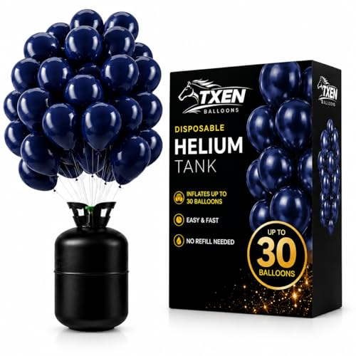 TXEN Disposable Helium Tank 7L, Portable Balloon Helium Cylinder, Fills Up to 30 Latex Balloons, Includes 50 Navy Blue Balloons and Ribbon, Easy, Fast, No Refill, Party Ready (7 L)