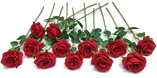 Laelfe 12 pcs Artificial Red Roses Flowers Long Stem Fake Silk Rose for Home Wendding Decorations(Red)