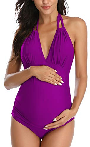EastElegant Trajes de baño de Maternidad de una Pieza con Cuello en V Embarazo Trajes de baño Halter, Morado, Large