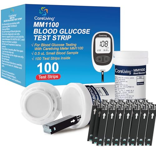 CareLiving MM1100 Blood Glucose Test Strips, for Diabete Sugar Testing, 100 Count