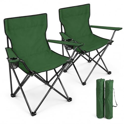 BESCH Set de 2 Sillas Plegable para Camping de Acero con Portavaso 45x45x80cm Carga Máxima 110Kg - Silla para Exterior, Picnic, Jardín y Pesca (Verde)
