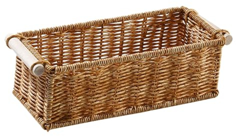 Baoblaze Imitation Rattan Basket Handmade Woven Storage Baskets Imitation Wicker Basket with Wooden Handle Rectangular Narrow Woven Baskets for Kitchen, Shelves, Bedroom, Bedroom, Wardrobe, S
