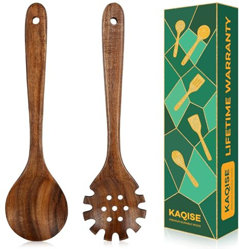 2Pcs Wooden Spoon Set, Teak Wood Kitchen Essential Tools for Noodle, Spaghtti & Soup (Round Spaghetti Server)