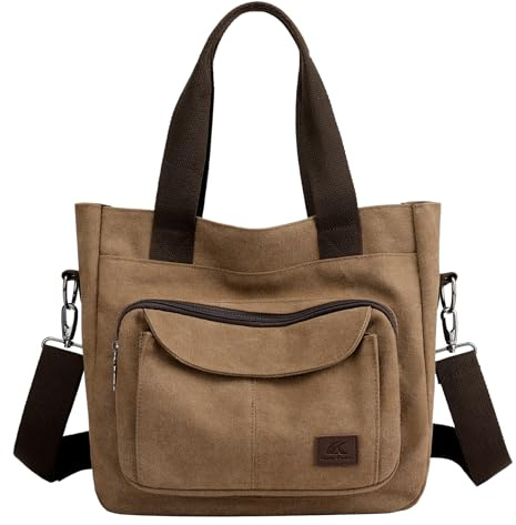 ZHIERNA Bolso de mano de lona para mujer, casual, cruzado, bolso pequeño, bolsa de trabajo con asa superior con múltiples bolsillos, Marrón, L, Bolsa de hombro de lona