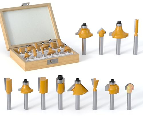 REKCKRUL 12 Pieces Tungsten Carbide Router Bit Set 1/4 Inch Shank for Beginners Woodwork Tools, Including Dovetail, Chamfer, Straight, Over Round, 90 V Grooving, Raised Panel Router Bit