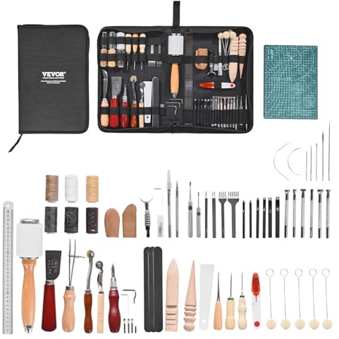 VEVOR Kit di Utensili per Lavorazione della Pelle, 59 Pezzi, Utensili per Lavorazione della Pelle con Borsa Portaoggetti Portatile in Tela, per Incisione, Punzonatura, Cucito, Timbratura, Levigatura