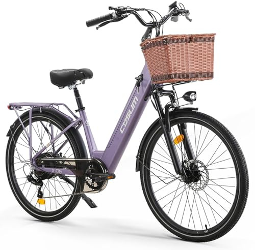Vélo électrique Urbain, 26 Adulte City Ebike, électrique Ville Banlieue Classique, Pédalage Assisté, Li-batterie Amovible 48V 10.4Ah, 499Wh Portée 80-100km, Inclus Panier et Porte-bagages (Violet)