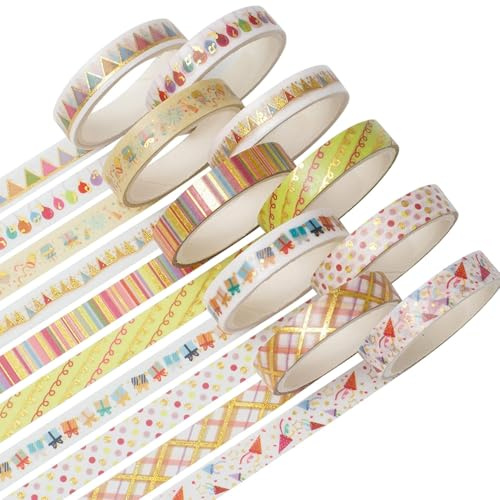 YUBX Skinny guld washi tejp set folie dekorativ tejp för gör-det-själv-hantverk, kultidskrifter, planerare, scrapbooking, inslagning (festtema)