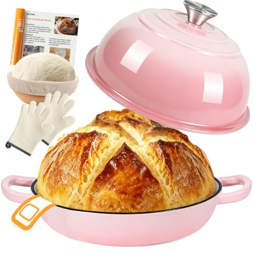 Olla de Hierro Fundido para Hornear Pan,5,7L Cacerola Holandesa de Esmaltado con Tapa,26cm Dutch Oven,Olla para pan con Cesta de Fermentación,para Cocinar,Hornear,Estofar y Asar (Rosa)