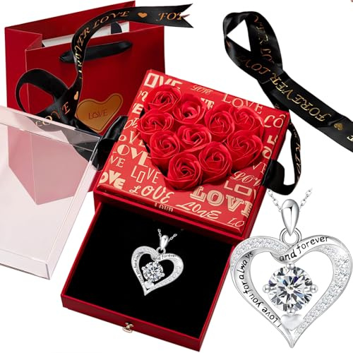 Scatola di Rose con 8 Rose Infinite Rosa Eterna Amore Regalo Confezione Fidanzata Moglie Anniversario Romantico Cuore Portagioie Idea per Regalo Natale,San Valentino per lei,Festa Della Mamma (rosso)