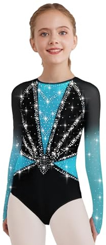 Eandarui Kinder Mädchen Turnanzug Langarm Gymnastikanzug Strassstein Glänzend Ballettanzug Mesh Patchwork Tanzbody Cut Out Sportbody Gymnastik Turn Outfit Hellblau 134-140