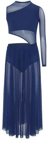Eulervate Enfant Fille Robe Danse Lyrique Contemporaine Une Epaule Asymétrique Long Justaucorps Robe Ballet Danse Tenue Costume Dancewear