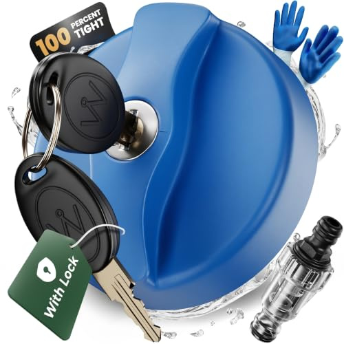 WILDGÅRD® bouchon reservoir eau verrouillable pour raccord de remplissage d'eau/réservoir d'eau sur camping car/caravane avec 2 clés –bleu– 78mm diamètre +filtre à eau & adaptateur fileté extérieur