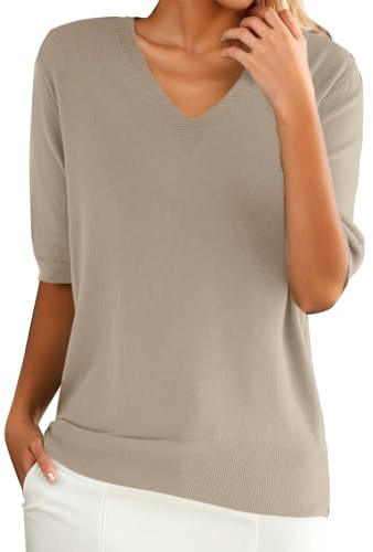Jersey de mangas cortas para mujer - Tricot fino - Cuello en V - Ligero - Elástico - Color liso - Blusa básica - Primavera verano - Jersey elegante y chic para mujer - Jersey de punto, top básico