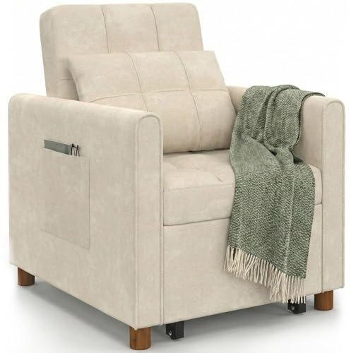 IDMarket - Sillón Convertible Emile cama supletoria 1 plaza 69 x 170 cm, tejido chenille beige